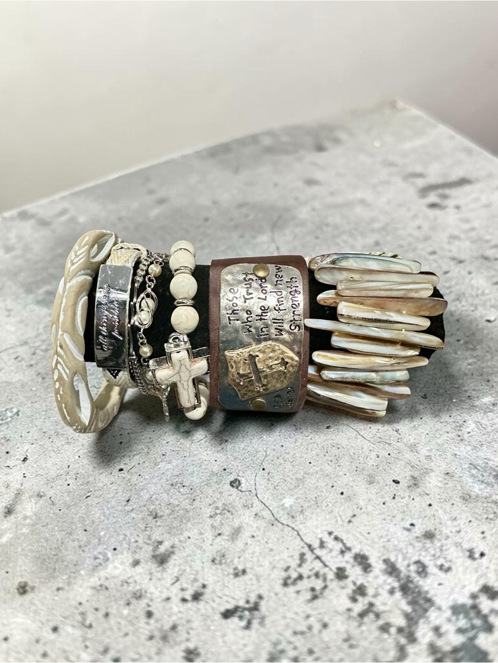 Boho Christian Bracelet Stack Leather Cuff Mother of Pearl Cross Isaiah 40:31